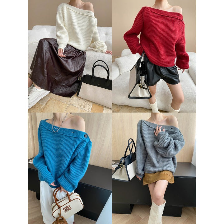 Damen gemütlicher Strickpullover mit elegantem Überhang Drune