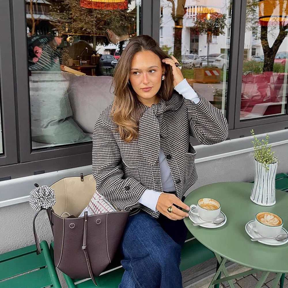 Damen Kurzjacke im Hahnentrittmuster mit Schleifenkragen Drune