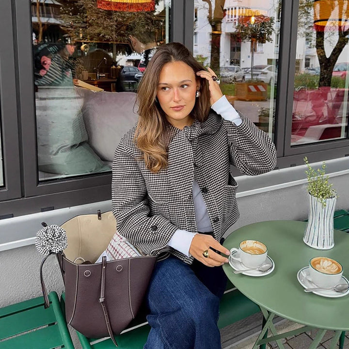 Damen Kurzjacke im Hahnentrittmuster mit Schleifenkragen Drune