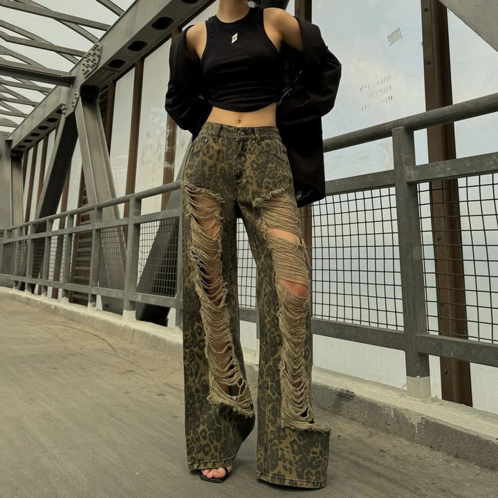 Damen Weite Löwenmuster Jeans mit ausgefransten Details Drune