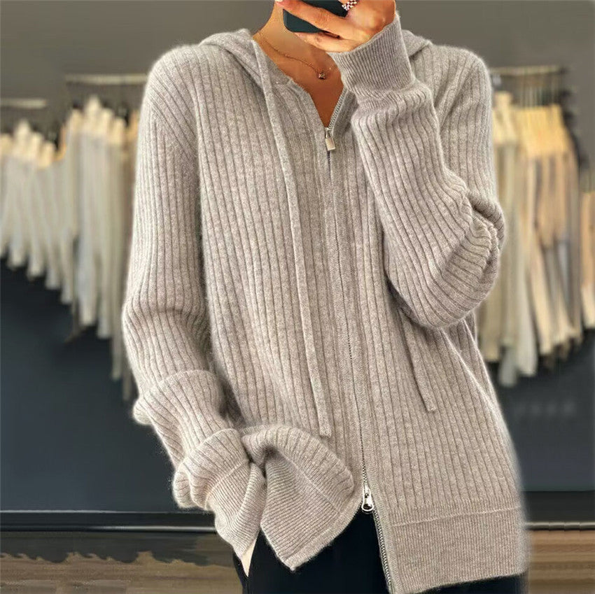 Damen nan oversized Rippstrick-Kapuzencardigan mit Zwei-Wege-Reißverschluss und Kaschmir-Blend Drune