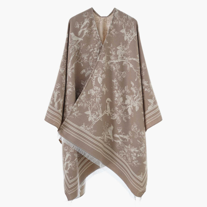 Damen Offener Jacquard‑Kaftanponcho mit Vogel‑ und Blumenmotiv Drune