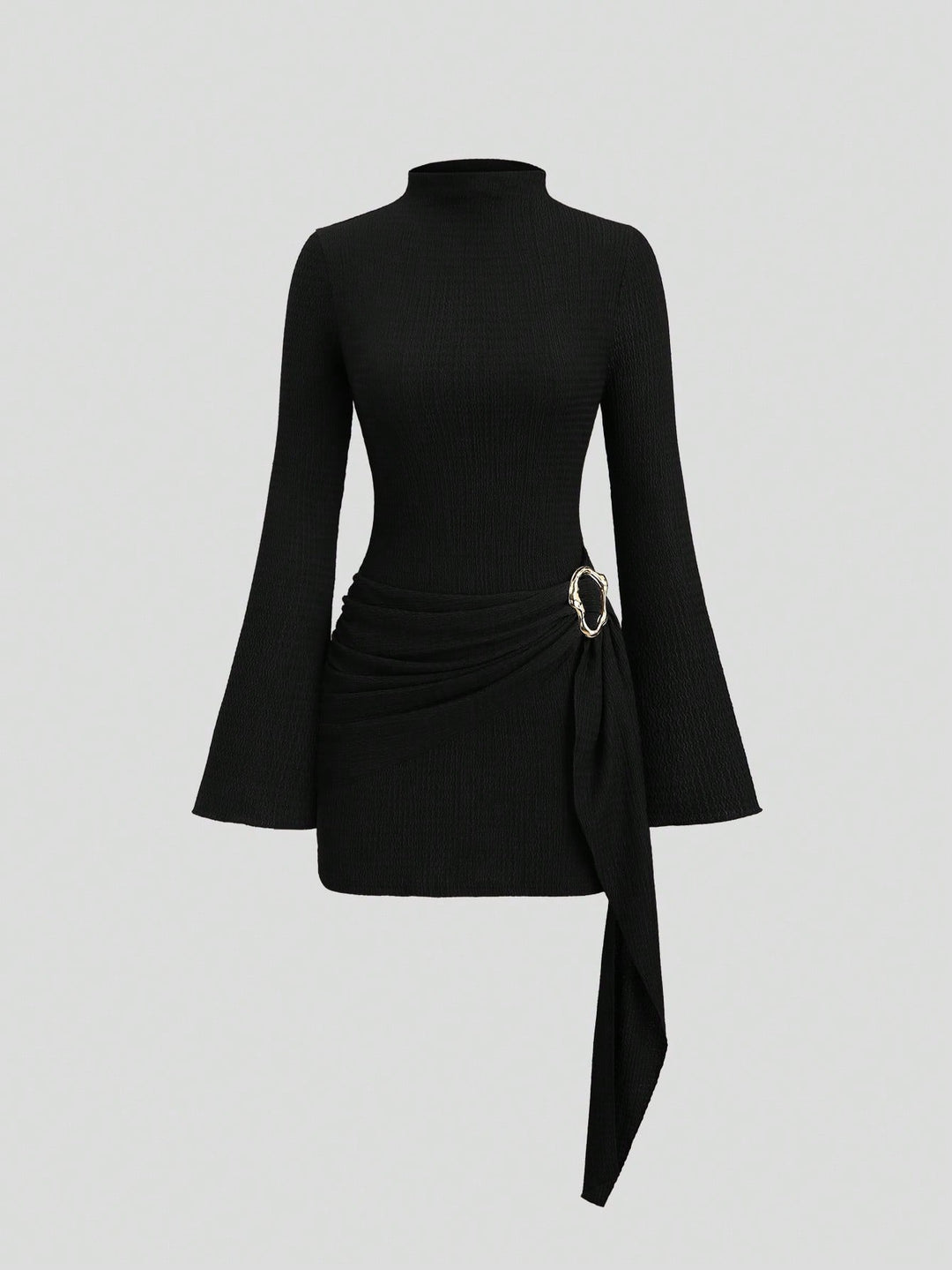 Damen nan figurbetontes Strick-Minikleid mit Stehkragen, Trompetenärmeln und seitlichem Drapé mit Zierring Drune
