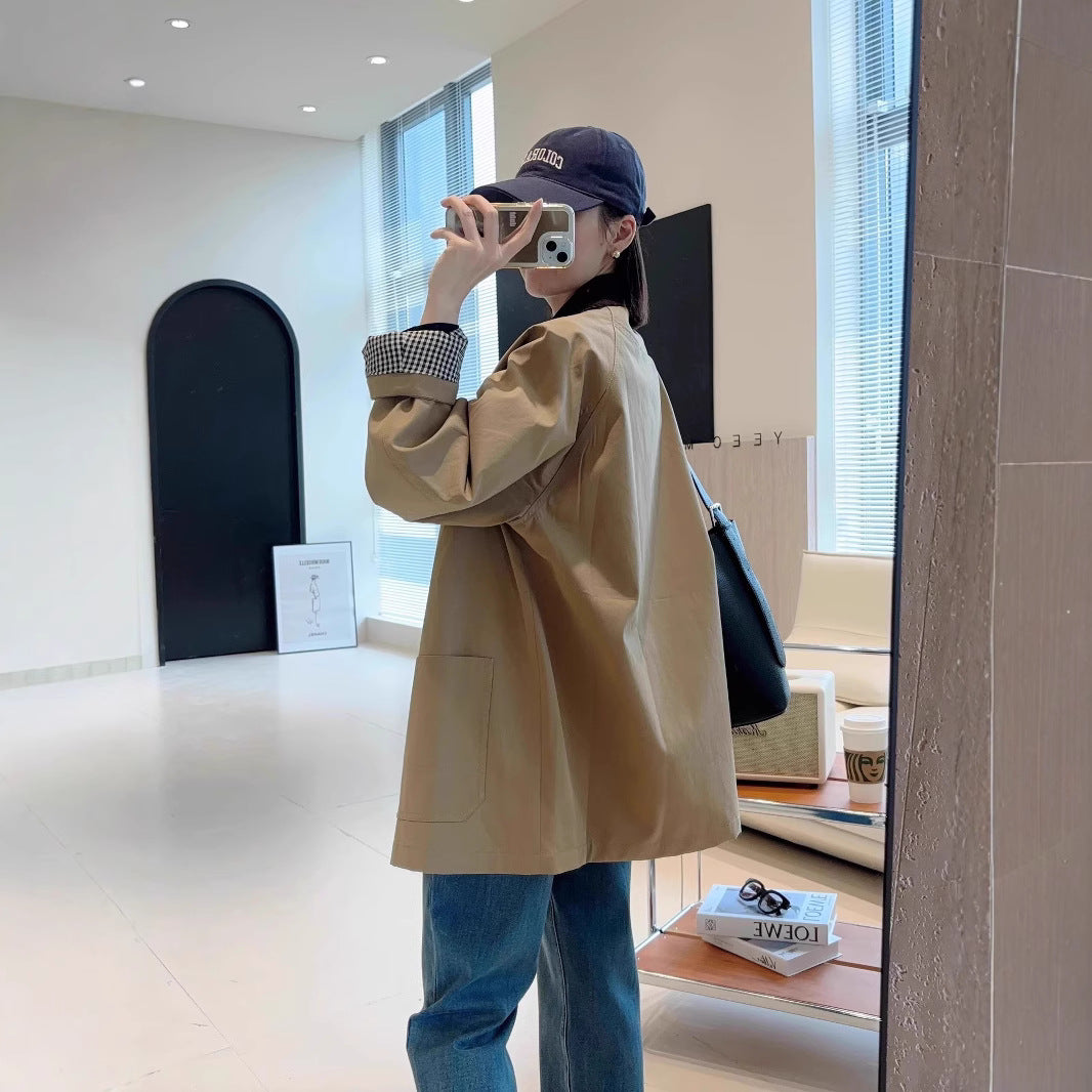 Damen Modische Oversized-Jacke mit kontrastierendem Kragen Drune
