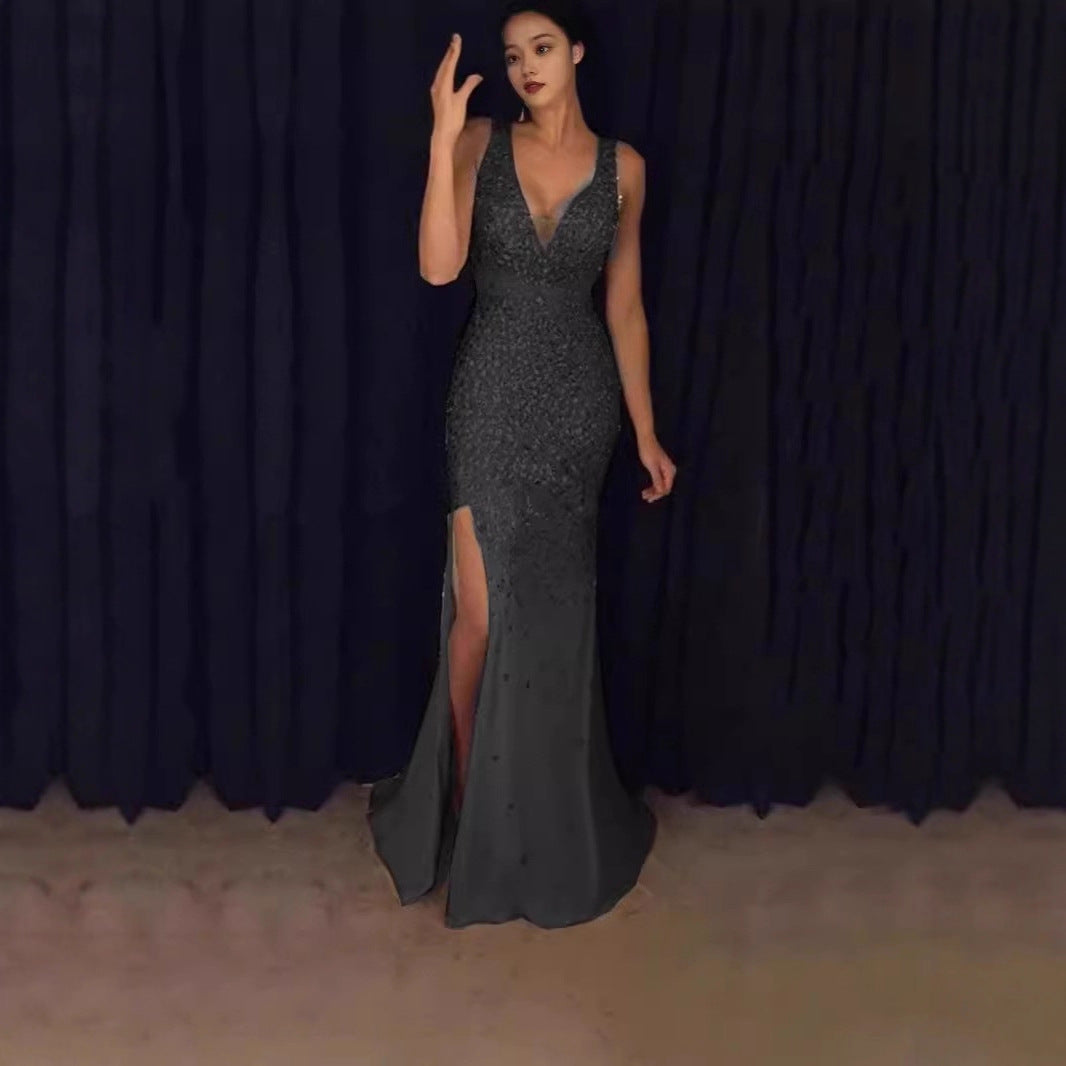 Damen Glitzerndes Abendkleid mit tiefem Schlitz und figurbetontem Schnitt Drune