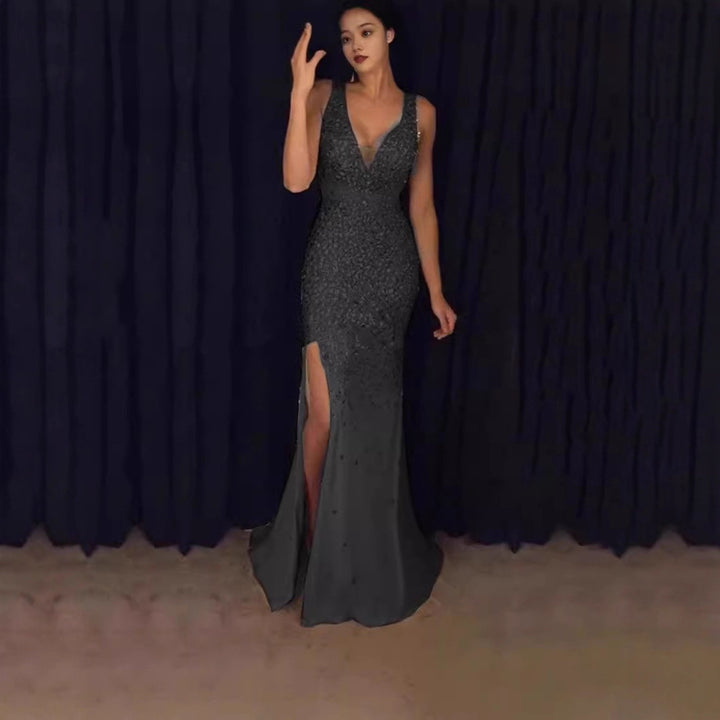 Damen Glitzerndes Abendkleid mit tiefem Schlitz und figurbetontem Schnitt Drune