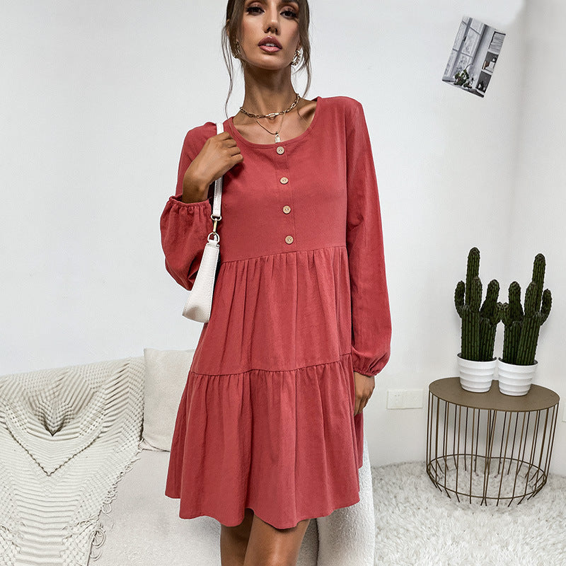 Damen Lockeres Cord-Volantkleid mit Stufenrock & Zierknopfleiste Drune