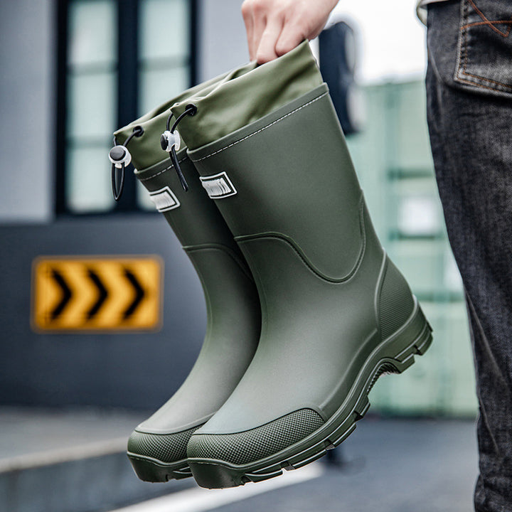 Herren wasserdichte Arbeits- und Regen-Gummistiefel mit verstellbarem Kordelabschluss und rutschfester Profilsohle Drune