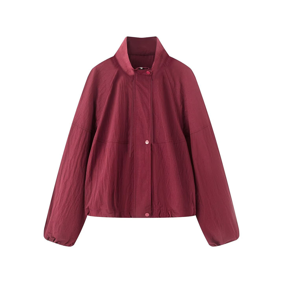 Damen Leichte Oversize-Blousonjacke aus Nylon mit Stehkragen, Kordelzug und Druckknopfverschluss Drune