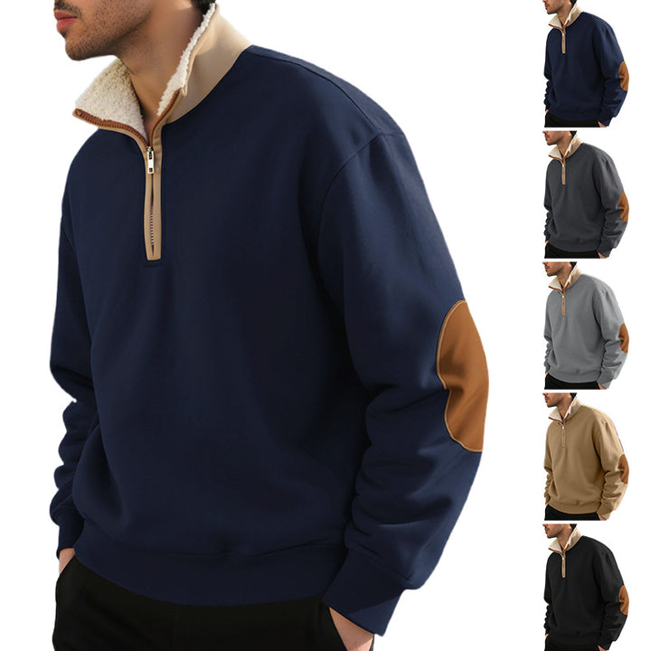 Herren nan legeres Halbzip-Sweatshirt mit Sherpagefüttertem Stehkragen und Kunstleder-Ellenbogenapplikation Drune