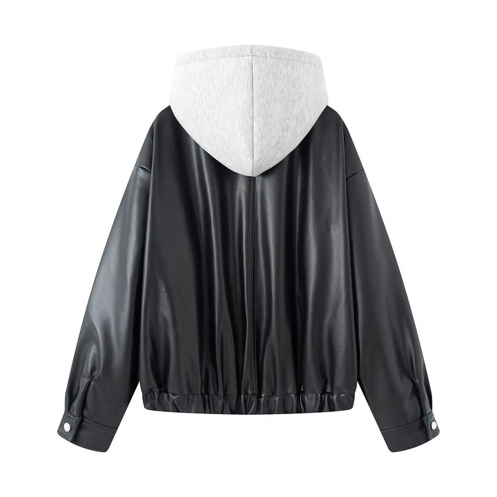 Damen Oversize Kunstleder-Blouson mit Kapuzen-Einsatz und aufgesetzten Pattentaschen Drune