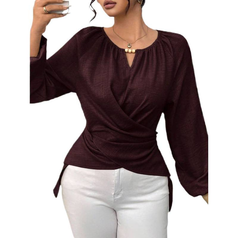 Damen Elegante Wickelbluse mit geraffter Taille, V-Ausschnitt und Ballonärmeln Drune
