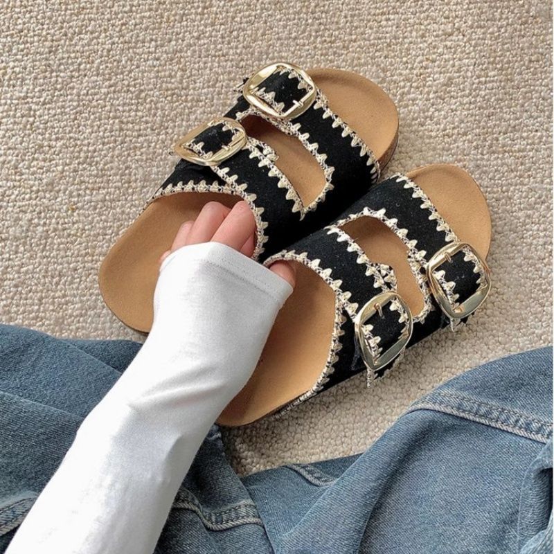 Damen Comfort-Sandalen mit zweifachen verstellbaren Riemen, gepolstertem anatomischem Fußbett und goldener Metallschnalle Drune