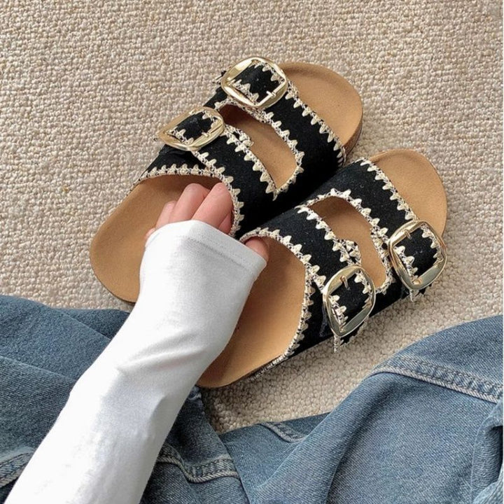 Damen Comfort-Sandalen mit zweifachen verstellbaren Riemen, gepolstertem anatomischem Fußbett und goldener Metallschnalle Drune
