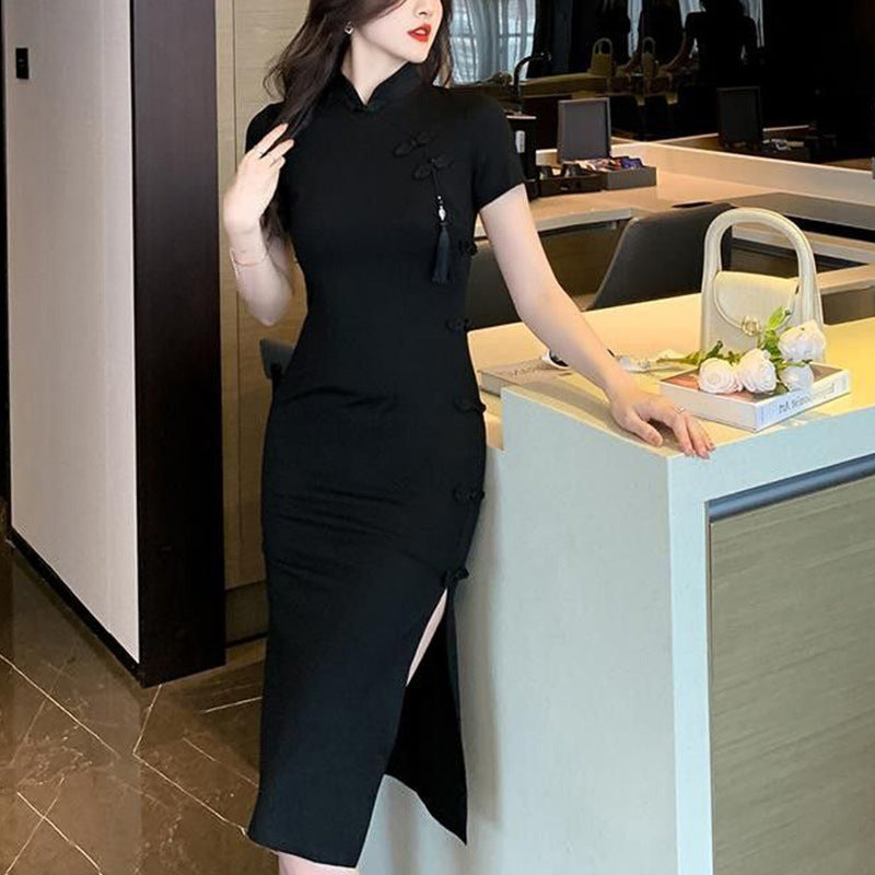 Damen elegantes Bodycon-Kleid mit hohem Schlitz und kurzen Ärmeln Drune