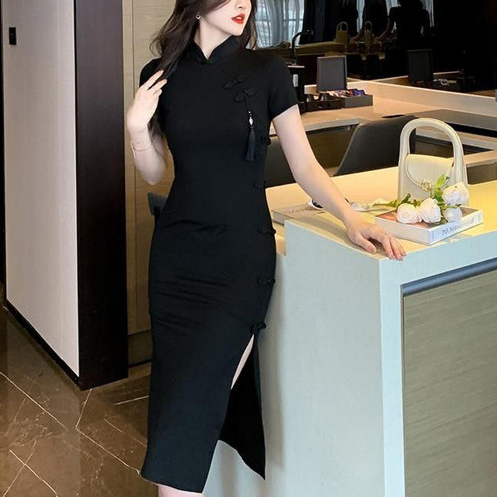 Damen elegantes Bodycon-Kleid mit hohem Schlitz und kurzen Ärmeln Drune