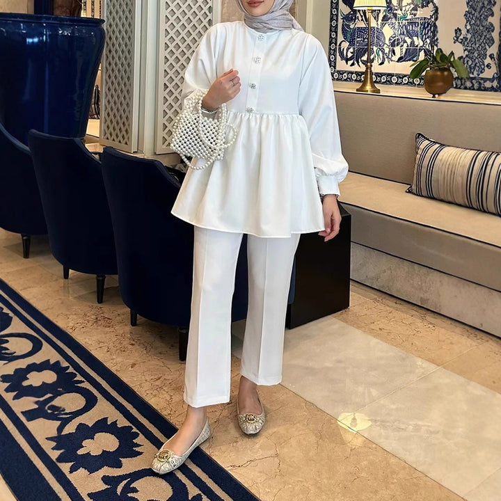 Damen Elegantes Tunika‑Hosen‑Set mit geraffter Empire‑Tunika und schlanker Anzughose Drune