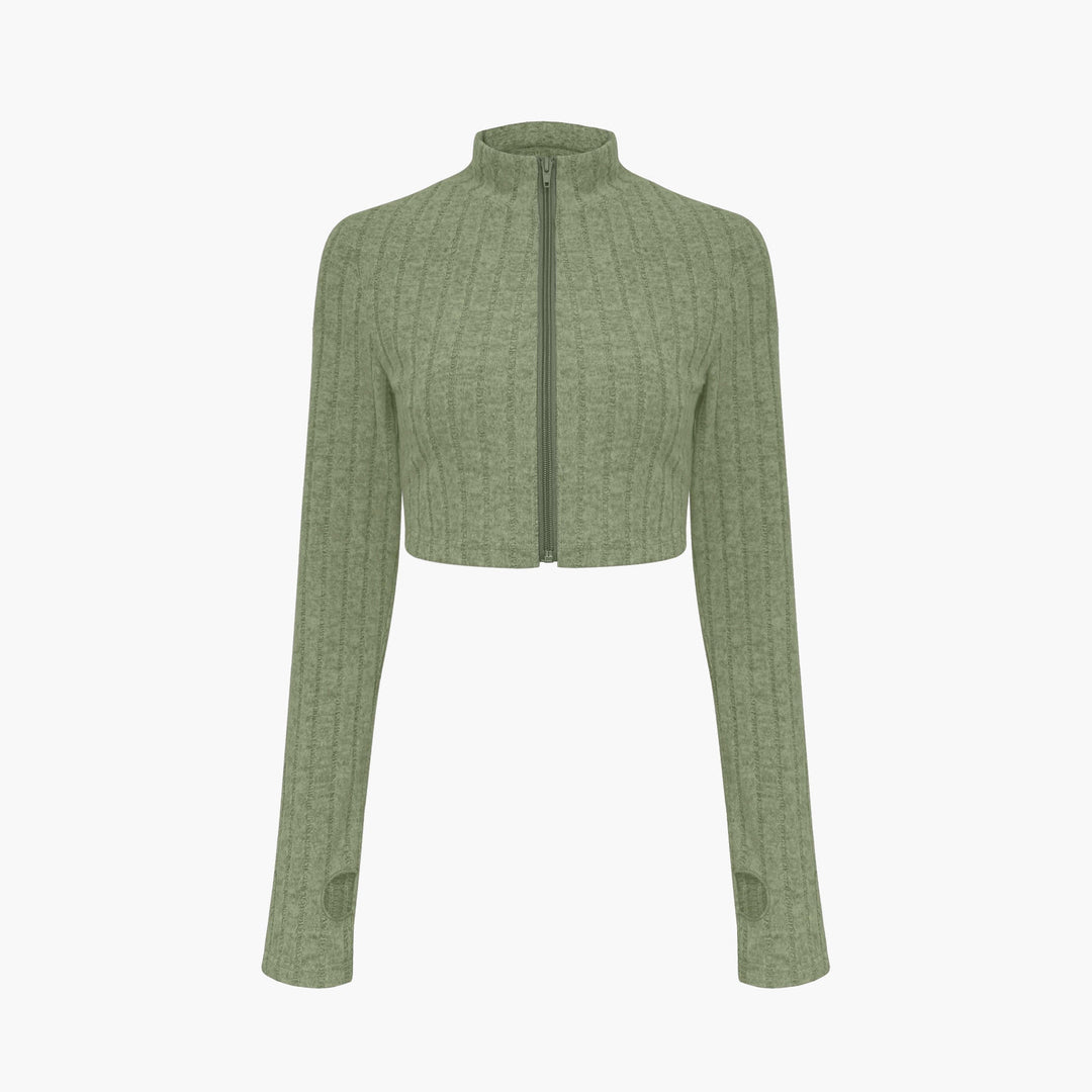 Damen Gerippter Strick-Zweiteiler mit Cropped Reißverschluss-Cardigan und High‑Waist Schlaghose Drune