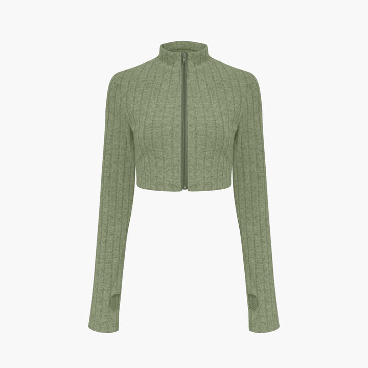 Damen Gerippter Strick-Zweiteiler mit Cropped Reißverschluss-Cardigan und High‑Waist Schlaghose Drune