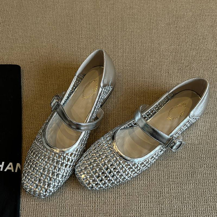 Damen geschlossene Ballerinas mit festem Riemen und geflochtenem Obermaterial Drune