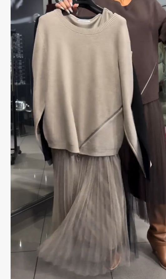 Damen Oversize Feinstrickpullover mit Seitenschlitzen, diagonalem Naht und schichtartigem Look Drune
