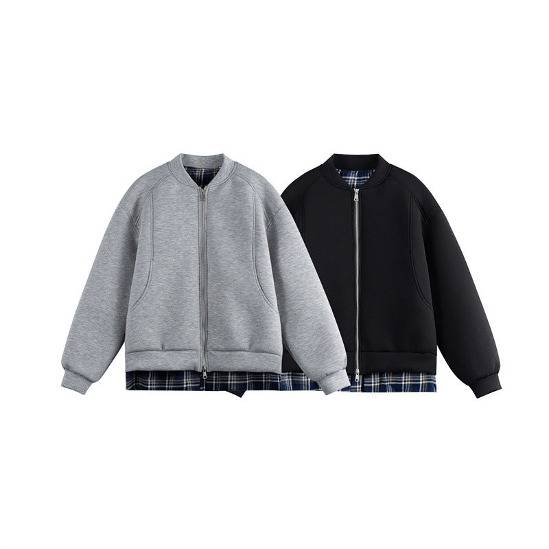 Damen Zwei‑in‑Eins Bomber‑Sweatjacke mit Karo‑Layer‑Einsatz und Stehkragen Drune
