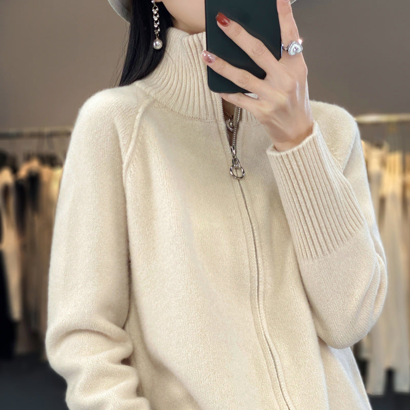 Damen Zip-Cardigan im Kaschmir‑Look mit Stehkragen und gerippten Bündchen Drune