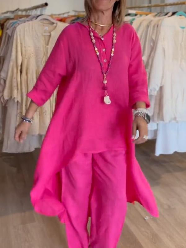 Damen Midilanges Leinen-Tunika-Set mit asymmetrischem Saum und weiter Palazzo-Hose Drune