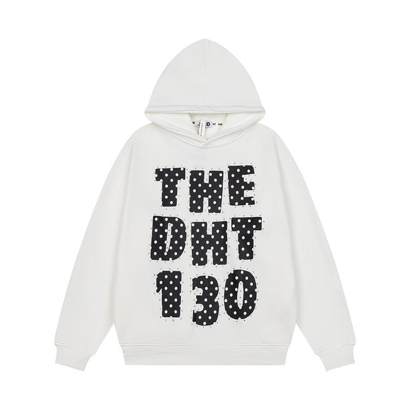 Unisex Oversize-Kapuzenpullover mit Statement-Print und Polka‑Dot-Applikation Drune