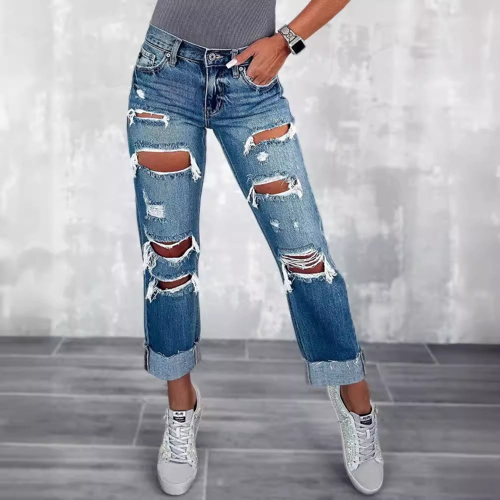 Damen Ripped Boyfriend Jeans im angesagten Vintage-Look mit weitem Bein Drune