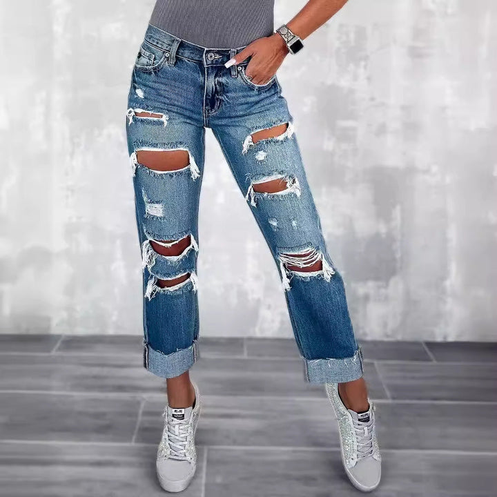 Damen Ripped Boyfriend Jeans im angesagten Vintage-Look mit weitem Bein Drune