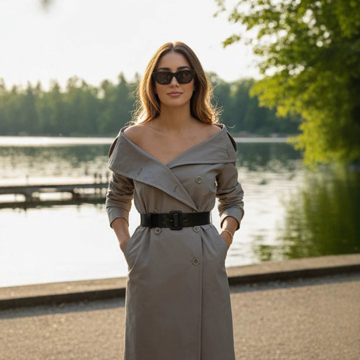 Damen Off-Shoulder Trenchkleid mit doppelreihiger Knopfleiste und tailliertem Lackgürtel Drune