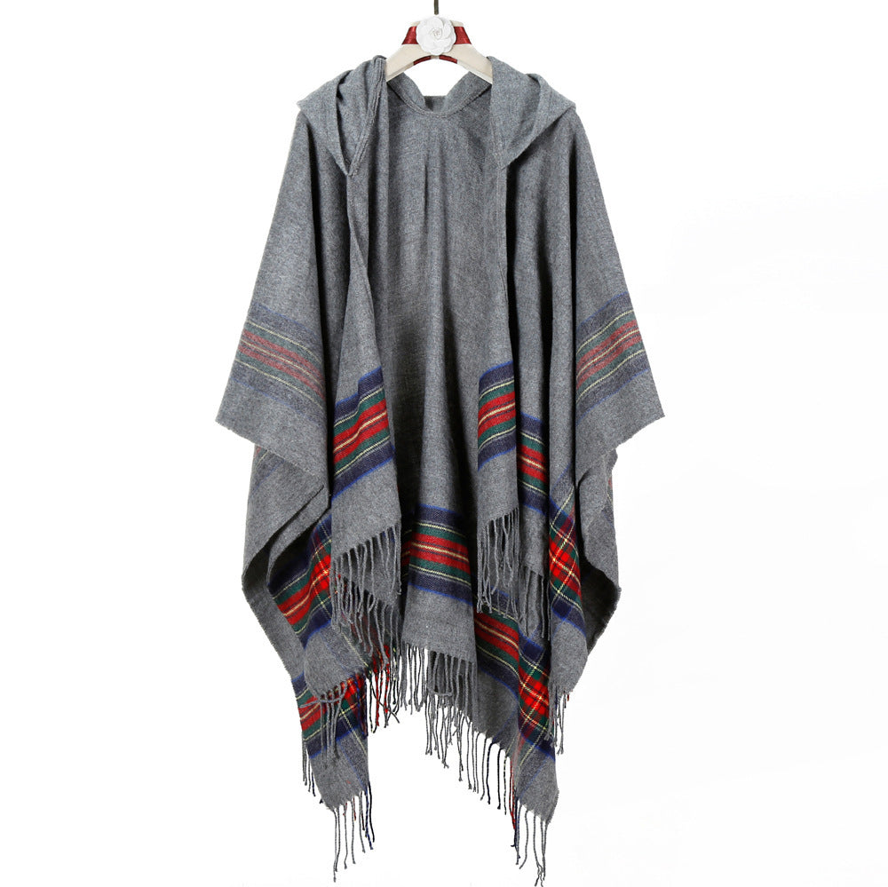 Damen Kapuzen‑Capeponcho im Tartanmuster mit Fransensaum aus weichem Wollmix Drune