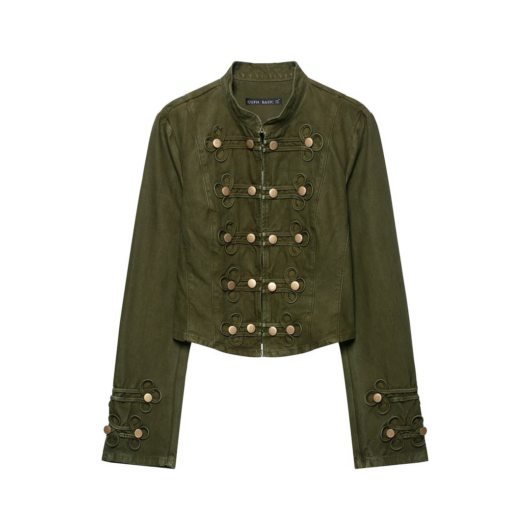 Damen Cropped Husarenjacke mit Zierkordeln und Stehkragen Drune