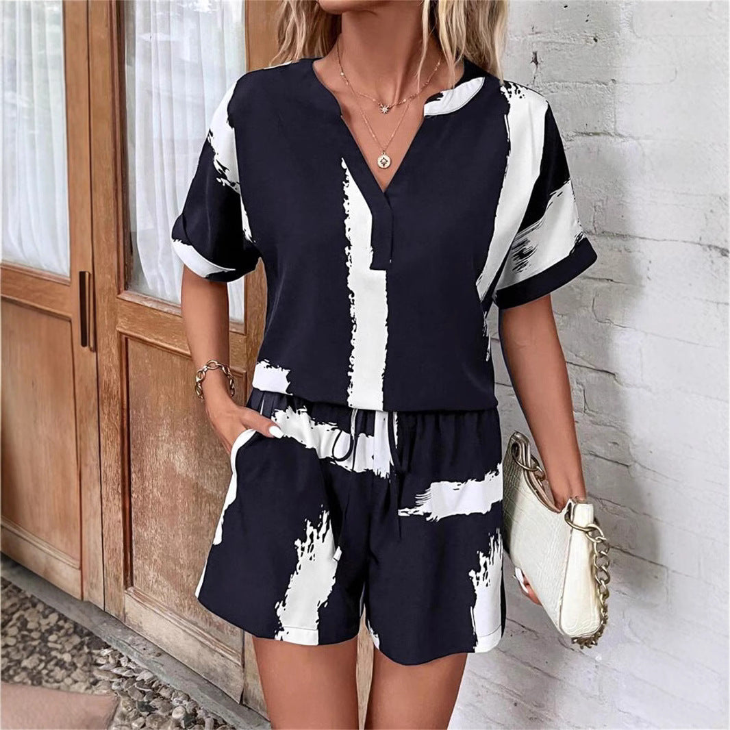 Damen lässiger Kurzanzug mit modernem V-Ausschnitt und stylishen Pockets Drune
