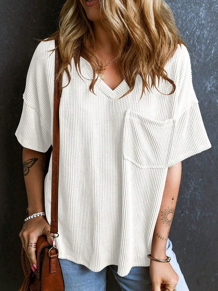 Damen Lässiges Rippstrick Oversize T-Shirt mit V-Ausschnitt und Brusttasche Drune