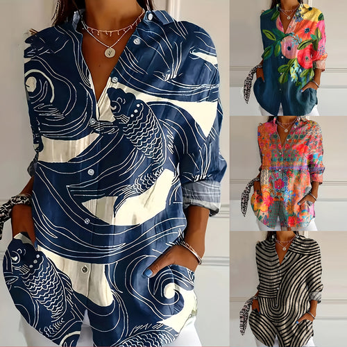 Damen Künstlich Gemustertes Button-Up Hemd Drune