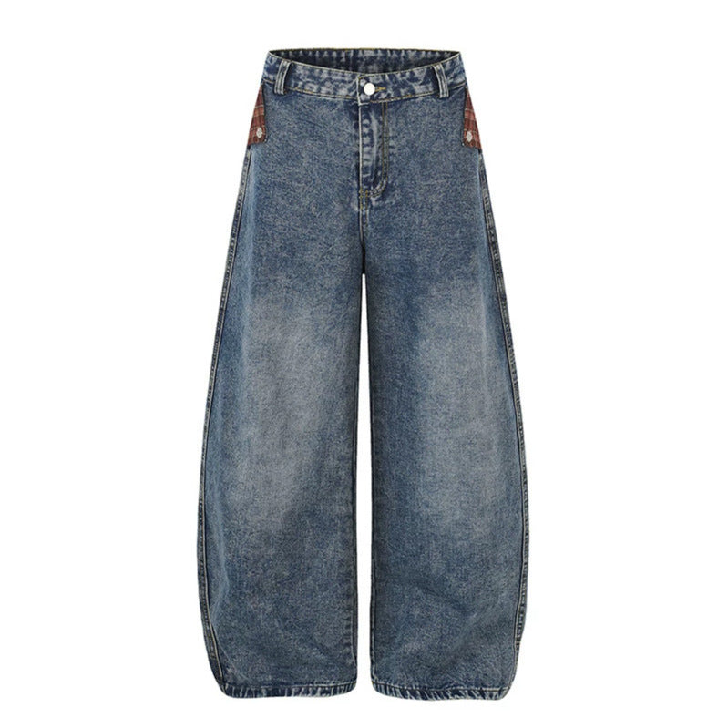 Damen Weite High‑Waist Denim‑Culotte im Palazzo‑Stil mit Karo‑Bund und Vintage‑Waschung Drune