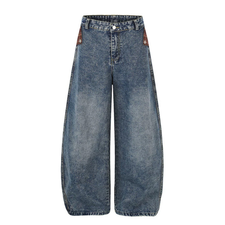 Damen Weite High‑Waist Denim‑Culotte im Palazzo‑Stil mit Karo‑Bund und Vintage‑Waschung Drune