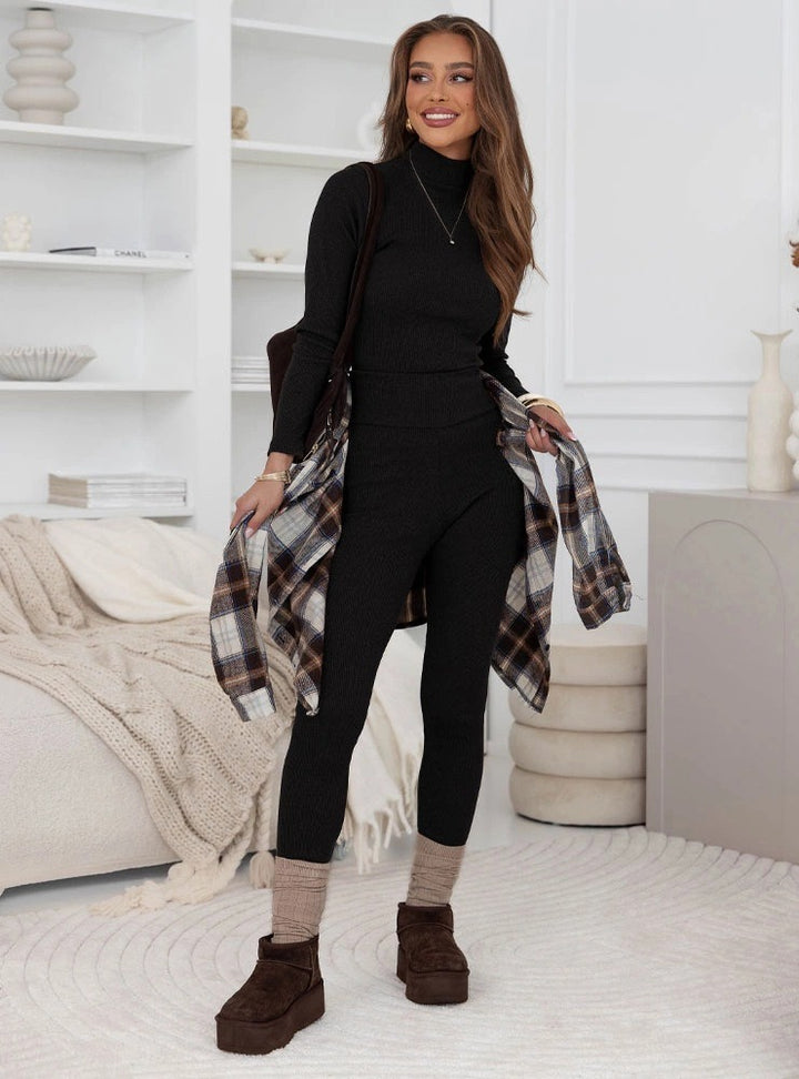 Damen Leggings-Set mit hochgeschlossenem Oberteil und Rippstruktur Drune