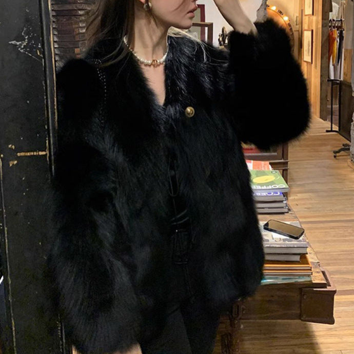 Damen modische Kunstpelzjacke mit eleganten Knopfdetails Drune