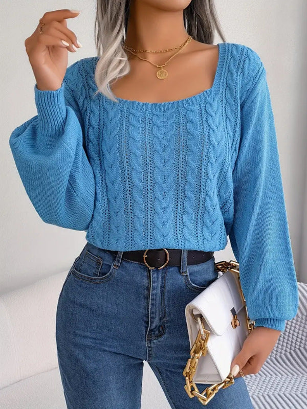 Damen Großer Strickpullover mit elegantem Quadrat-Ausschnitt und Zopfmuster Drune