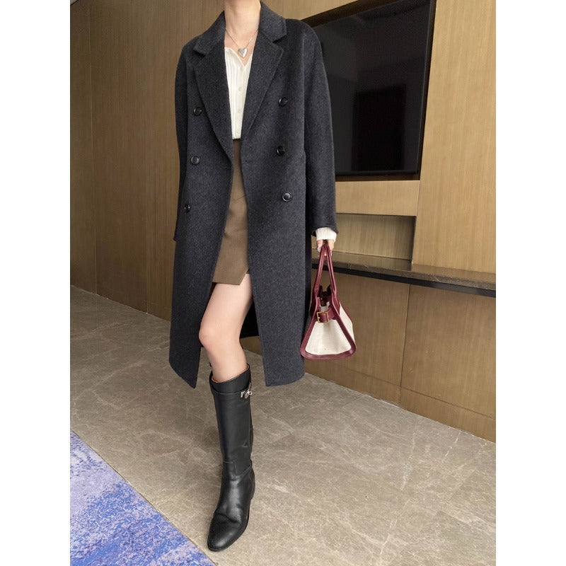 Damen eleganter Wollmantel mit doppelter Knopfleiste und geradem Schnitt Drune