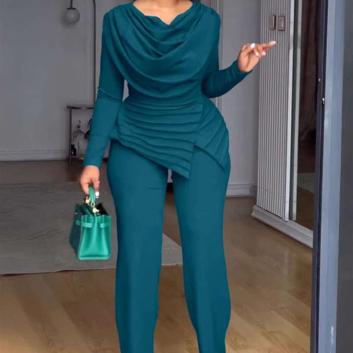Damen Zweiteiliges Ensemble mit Wasserfall-Drapé-Oberteil, abgestuftem Peplum und gerader Bundfalten-Hose Drune