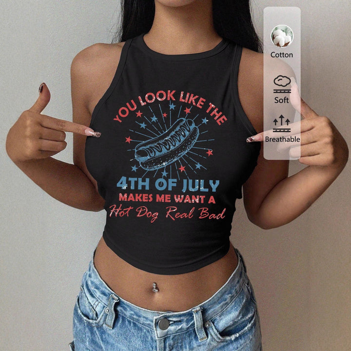 Damen Cropped Tanktop mit kreativem Schriftzug und lebhaftem Design Drune
