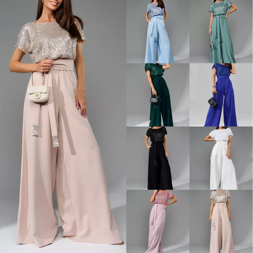 Damen Glitzernder Jumpsuit mit weitem Bein und Taillengürtel Drune