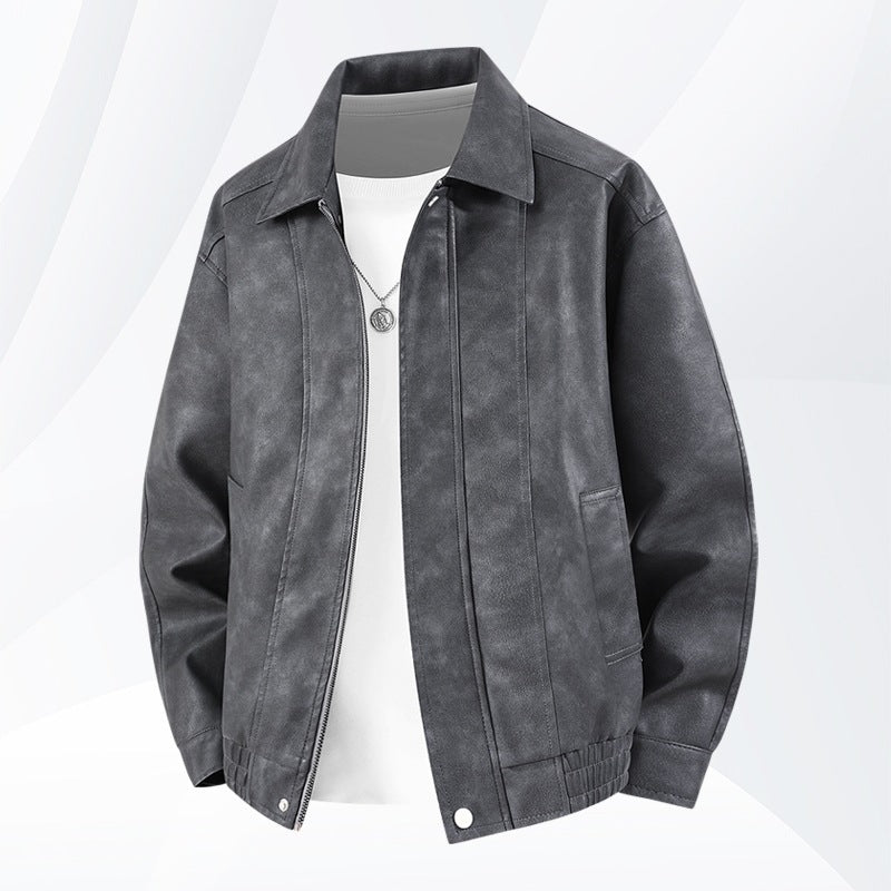 Herren Kurz geschnittene Kunstlederjacke im Vintage‑Look mit Hemdkragen & durchgehendem Reißverschluss Drune