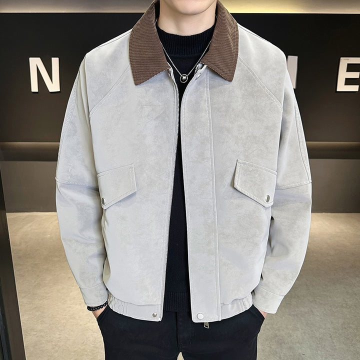 Herren Oversize Utility-Bomberjacke aus Kunstleder mit geripptem Saum und Hemdkragen Drune