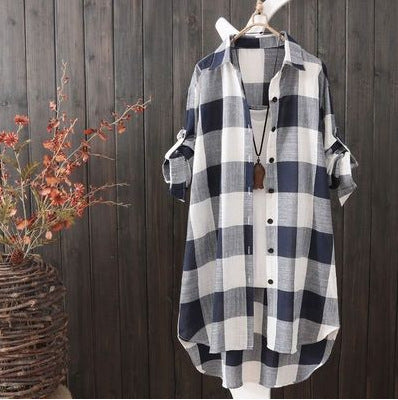 Damen Karo-Hemdbluse im lässigen Oversized-Schnitt mit langen Ärmeln und umschlagbaren Ärmeln Drune