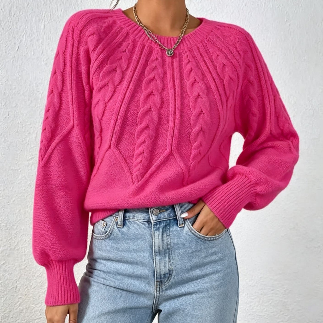 Damen kurzgeschnitteter Grobstrick-Zopfpullover mit Ballonärmeln Drune